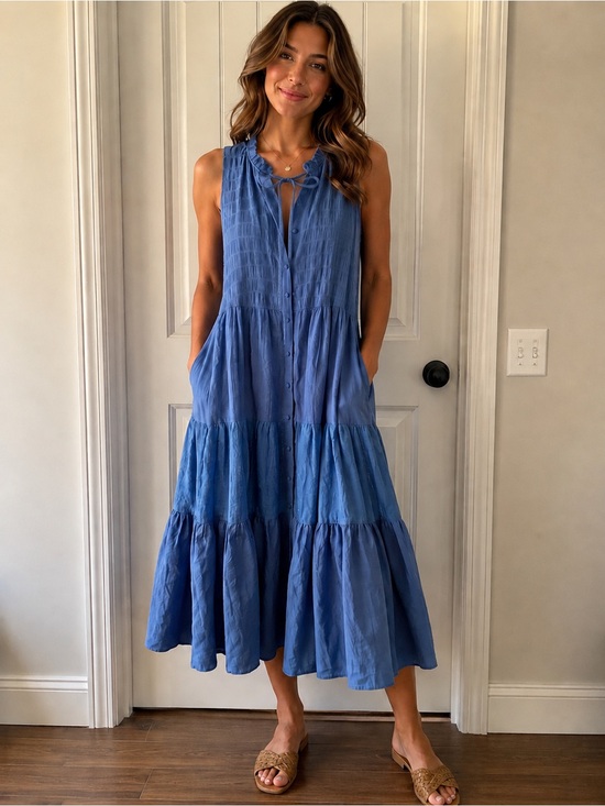Wonderly Dresses & Skirts - Wonderly Blue Tiered Button-Front Midi Dress